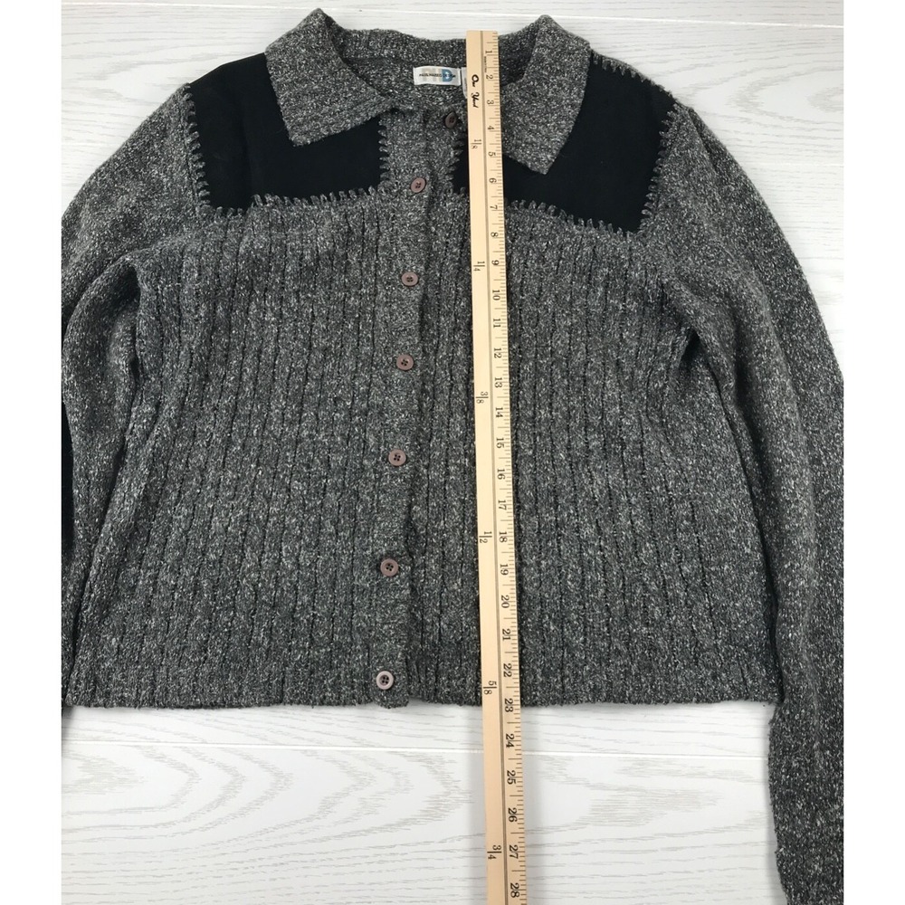 Vintage Paul Harris Design Sweater Womens L Gray Black Leather Trim Button Up - Picture 3 of 11